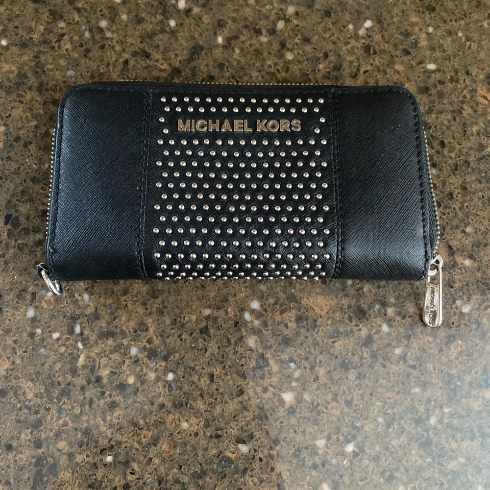 Michael Kors Black Studded Zip-Around Leather Wallet